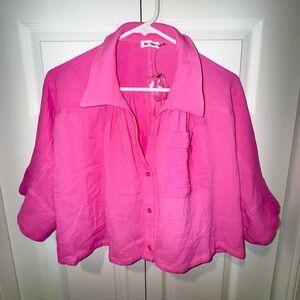 Day & Moon Bright Pink Button-Up crop gauzy bubble Shirt 100% cotton NWT Size M